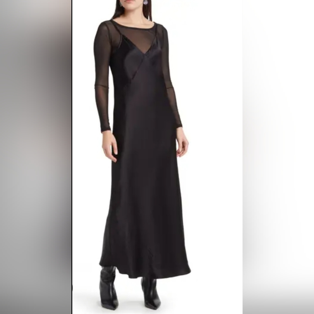 Dkny Black Long-Sleeve Mesh Inset Maxi Dress